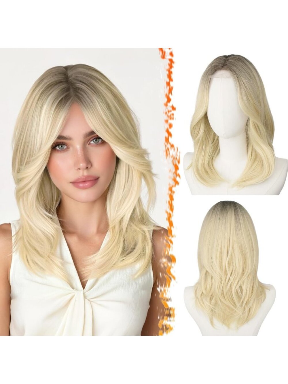 16 Inch Women's Blonde Ombre Butterfly Layered Straight Curtain Bangs Wigs